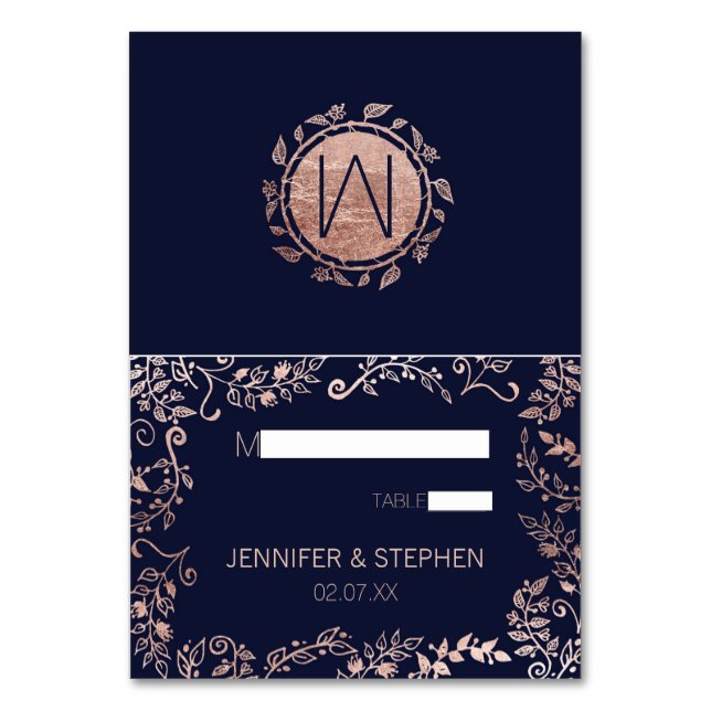 Elegant Navy Blue Rose Gold Floral Name Place Card (Front)