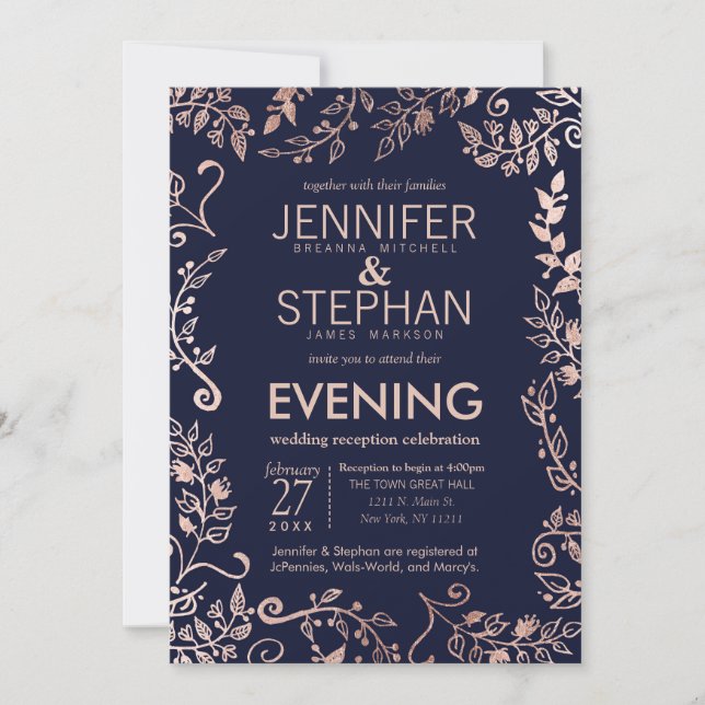 Elegant Navy Blue Rose Gold Floral Reception Invitation (Front)