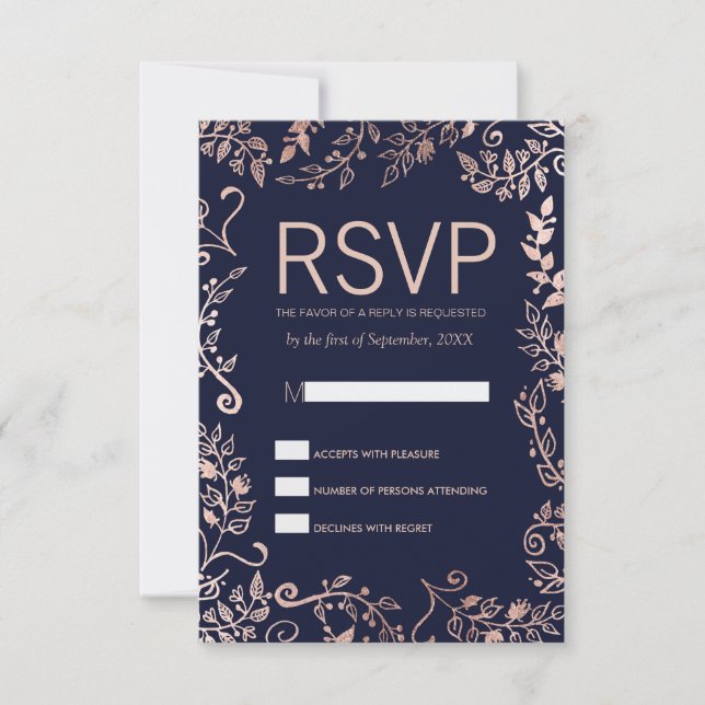 Elegant Navy Blue Rose Gold Floral RSVP Cards (Front)