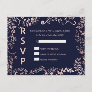 Elegant Navy Blue Rose Gold Floral RSVP Postcards