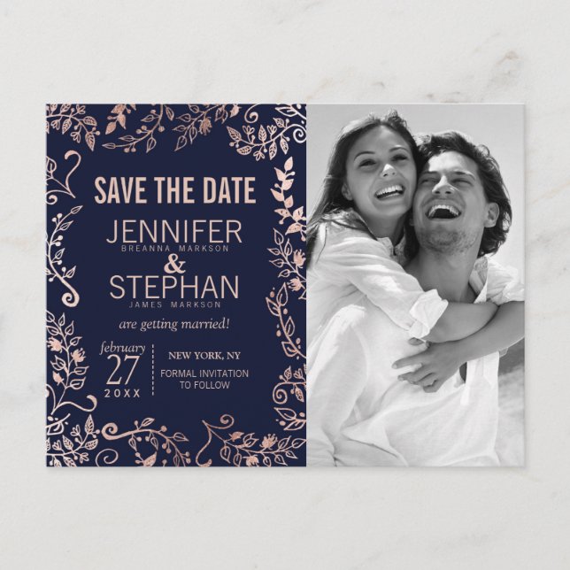 Elegant Navy Blue Rose Gold Floral Save the Dates Announcement Postcard (Front)