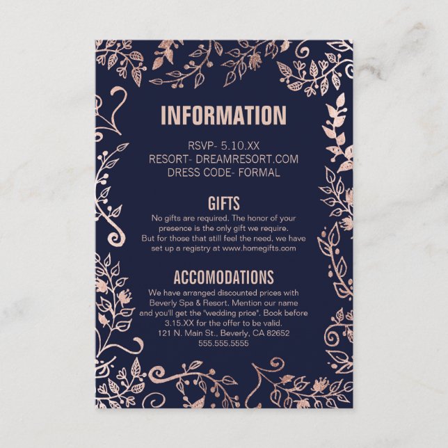 Elegant Navy Blue Rose Gold Floral Wedding Info Enclosure Card (Front)