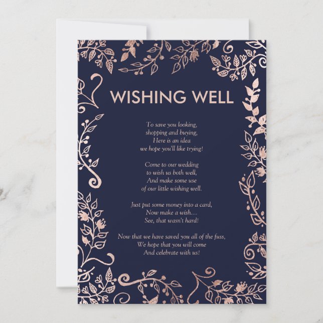 Elegant Navy Blue Rose Gold Floral Wishing Well Invitation (Front)