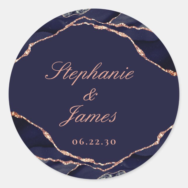 Elegant Navy Blue Rose Gold Foil Agate Wedding Classic Round Sticker (Front)
