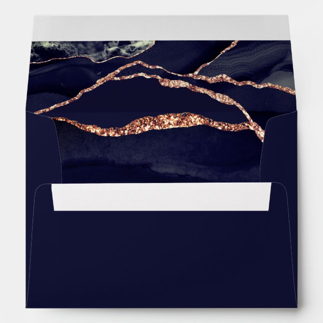 Elegant Navy Blue Rose Gold Foil Agate Wedding Envelope (Back (Bottom))