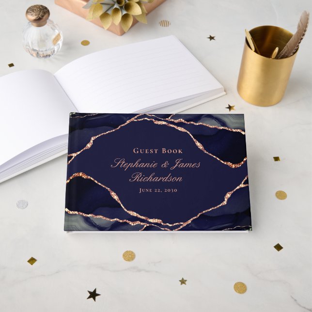 Elegant Navy Blue Rose Gold Foil Agate Wedding Guest Book (Front Open)