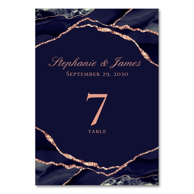 Elegant Navy Blue Rose Gold Foil Agate Wedding Table Number (Front)