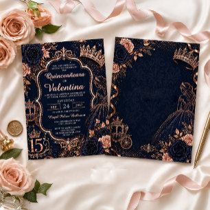 Elegant Navy Blue Rose Gold Glitter Quinceañera Invitation