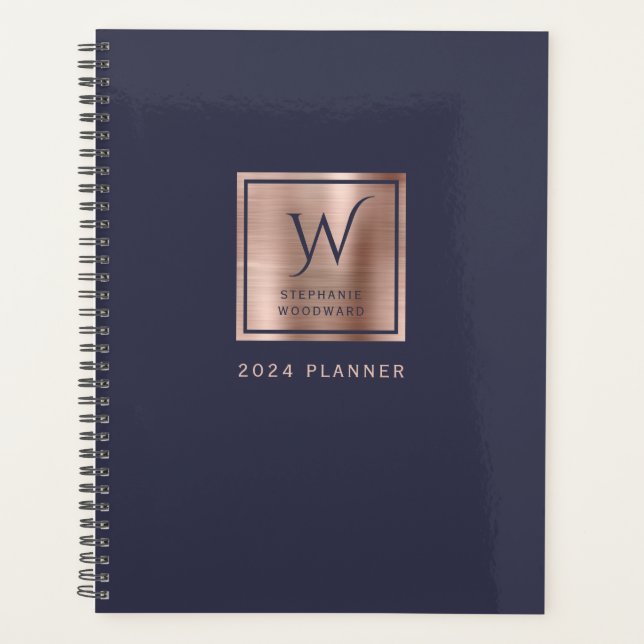 Elegant Navy Blue Rose Gold Monogram 2024 Planner (Front)