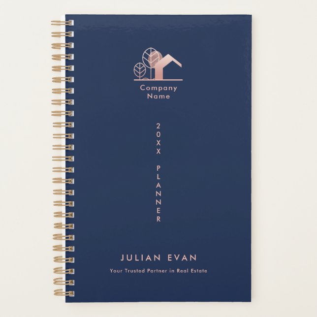 Elegant Navy Blue Rose Gold Non Dated 2025 Planner (Front)