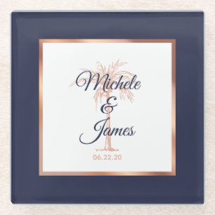 Elegant Navy Blue Rose Gold Palm Tree Wedding Glass Coaster