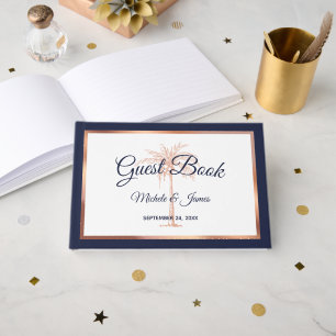 Elegant Navy Blue Rose Gold Palm Tree Wedding Guest Book