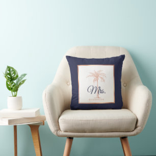 Elegant Navy Blue Rose Gold Palm Tree Wedding Mrs. Cushion
