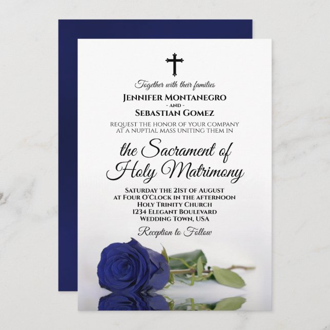 Elegant Navy Blue Rose Modern Catholic Wedding Invitation (Front/Back)