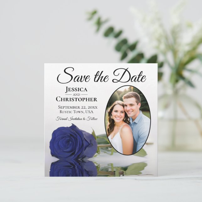 Elegant Navy Blue Rose on White Oval Photo Wedding Save The Date (Standing Front)