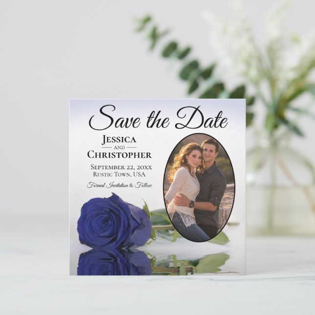 Elegant Navy Blue Rose Oval Photo Wedding Save The Date (Standing Front)