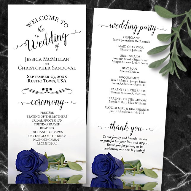 Elegant Navy Blue Rose Simple Romantic Wedding Program (Front and Back)