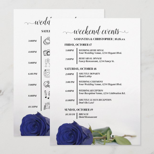 Elegant Navy Blue Rose Wedding Events & Timeline Program (Front/Back)