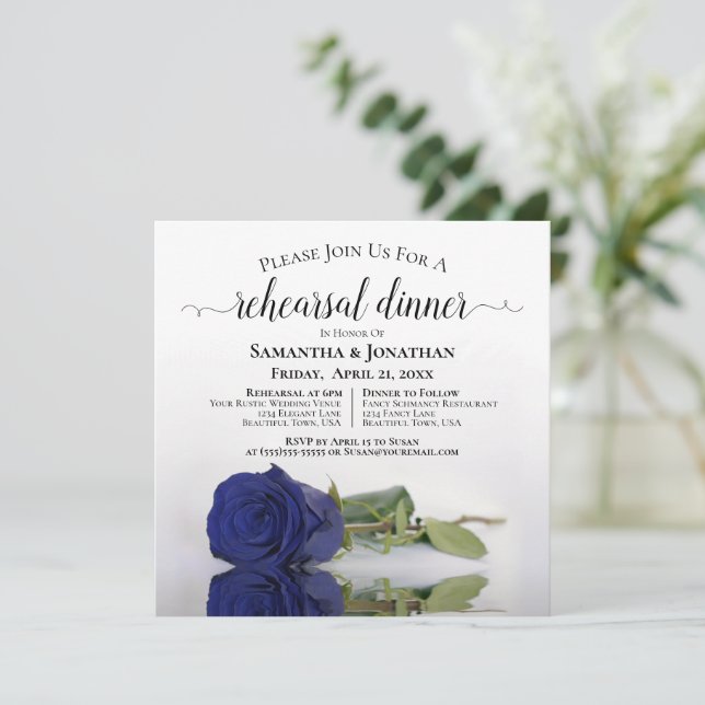 Elegant Navy Blue Rose Wedding Rehearsal & Dinner Invitation (Standing Front)