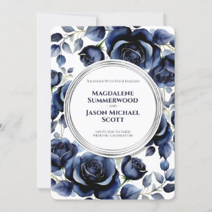 Elegant Navy Blue Roses Floral & Silver White Invitation
