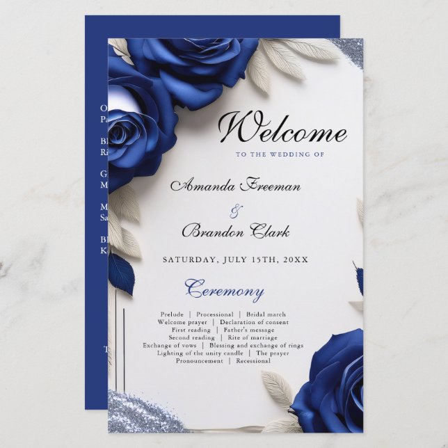Elegant Navy Blue Roses & Silver Glitter Wedding (Front/Back)