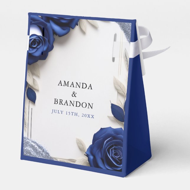 Elegant Navy Blue Roses & Silver Glitter Wedding Favour Box (Back Side)