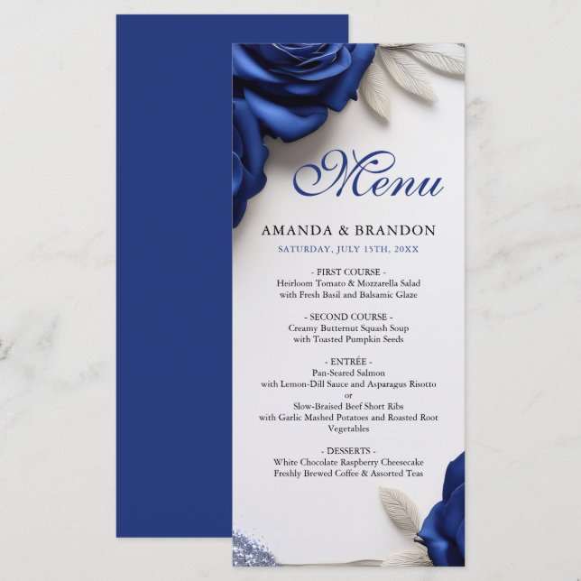 Elegant Navy Blue Roses & Silver Glitter Wedding Menu (Front/Back)
