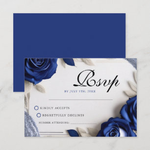 Elegant Navy Blue Roses & Silver Glitter Wedding RSVP Card