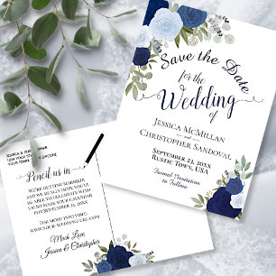 Elegant Navy & Blue Roses Wedding Save the Date Announcement Postcard