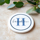 Elegant Navy Blue Round Custom Monogram Initial Coaster<br><div class="desc">Elegant round personalised beverage drink coaster design features a classic custom serif monogram initial in dusty blue with your last name / surname in modern navy blue calligraphy script against a clean white background. A simple navy blue circle frames the design. Colour scheme can be customised to coordinate perfectly with...</div>
