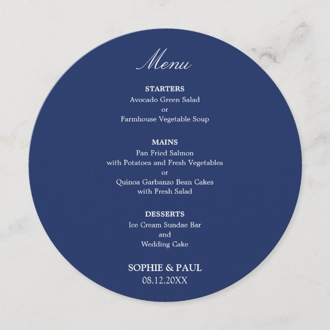Elegant Navy Blue Round Wedding Menu (Front)
