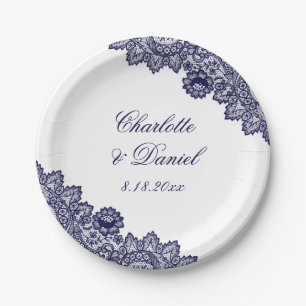 Elegant Navy Blue Rustic Floral Lace Wedding Paper Plate