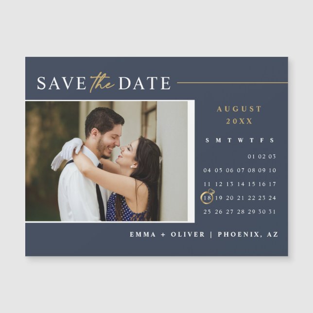 Elegant Navy Blue Save the Date Calendar Magnet (Front)