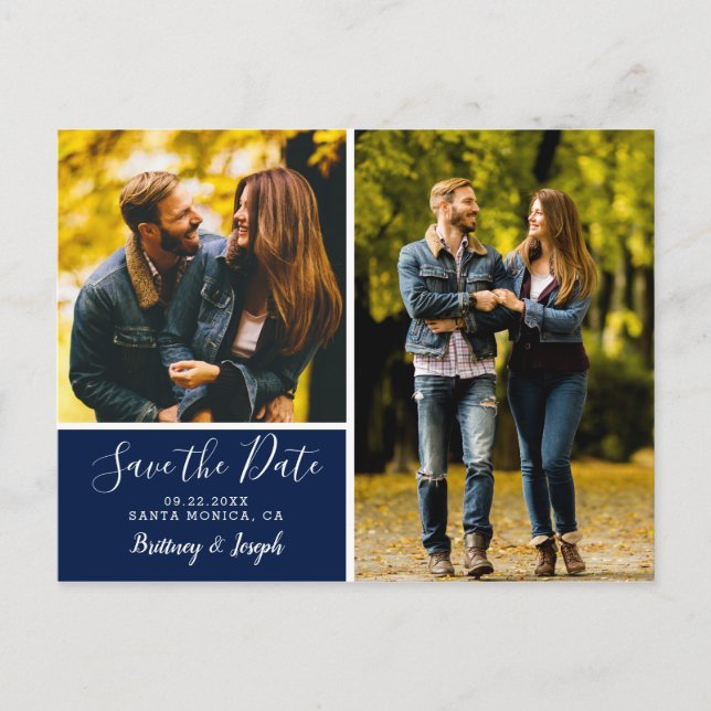 Elegant Navy Blue Save the Date Photo Collage | Postcard (Front)