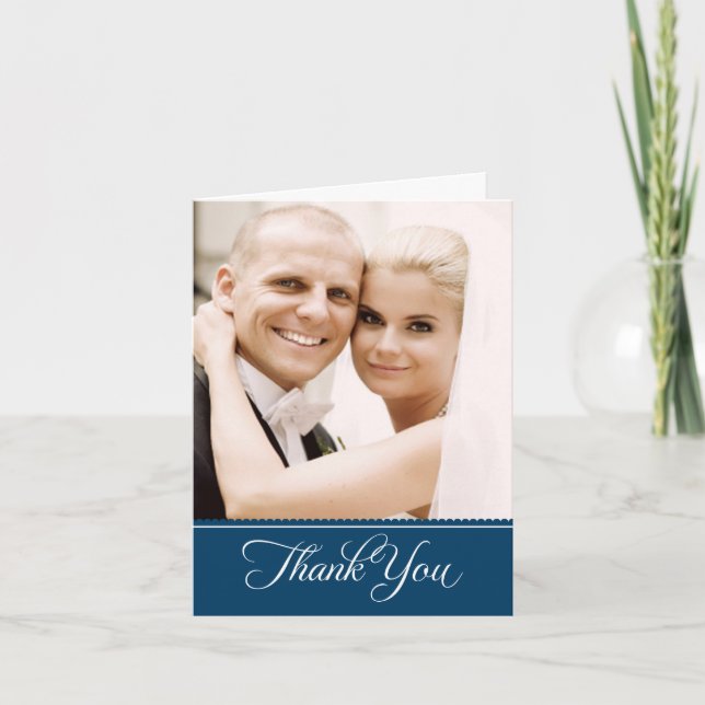 Elegant Navy Blue Scalloped Wedding Photo Thank You Card (Front)