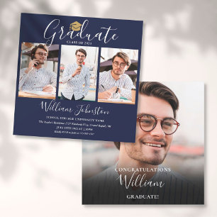 Elegant Navy Blue Script 4 Photo Graduation Party Invitation