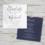 Elegant Navy Blue Script All In One Wedding Invitation<br><div class="desc">Featuring elegant signature style names,  this stylish simple navy blue and white all-in-one wedding invitation can be personalised with all your special wedding day information on the reverse including your RSVP,  accommodation,  and additional details. Designed by Thisisnotme©</div>