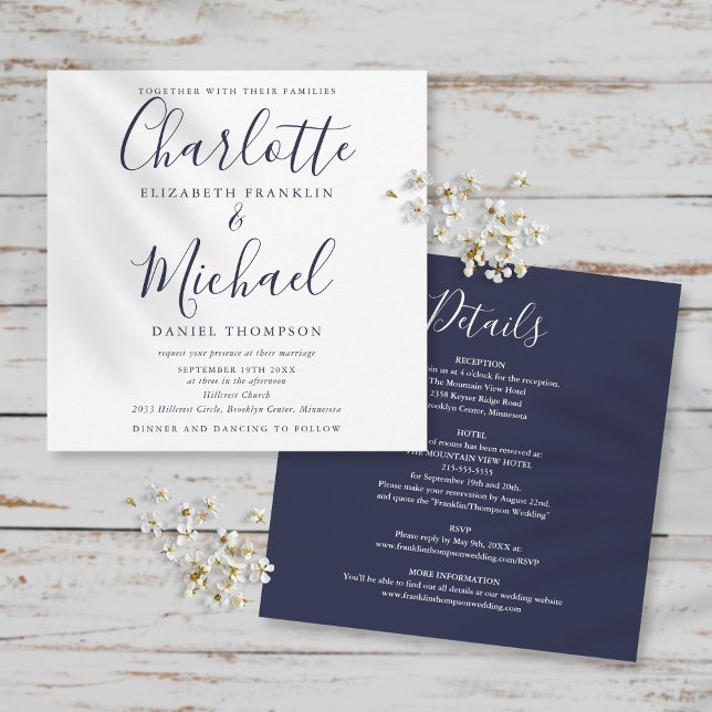 Elegant Navy Blue Script All In One Wedding Invitation (Creator Uploaded)
