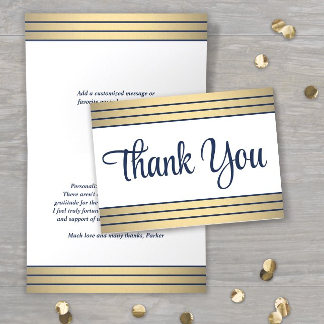 Elegant Navy Blue Script and Gold Stripes Folded Thank You Card (Creator Uploaded)