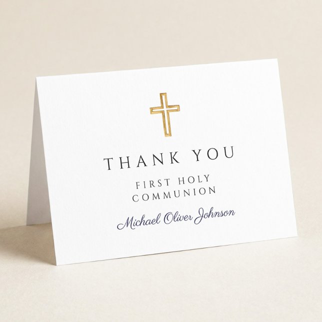 Elegant Navy Blue Script Boy First Communion  Thank You Card (Elegant Navy Blue Script Boy First Communion Thank You Card)