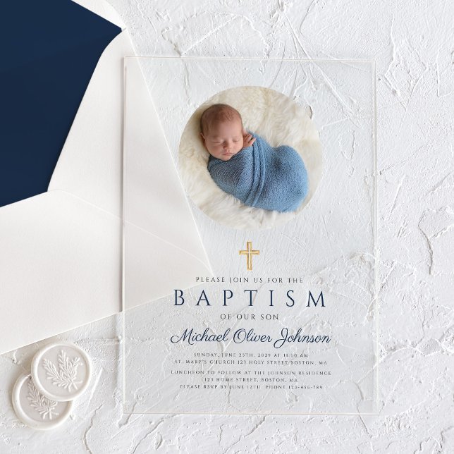 Elegant Navy Blue Script Boy Photo Baptism Acrylic Invitations (Elegant Navy Blue Script Boy Photo Baptism Acrylic Invitations)