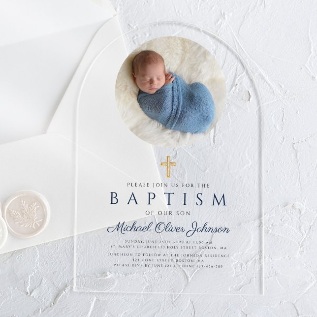 Elegant Navy Blue Script Boy Photo Baptism Acrylic Invitations (Elegant Navy Blue Script Boy Photo Baptism Acrylic Invitations)