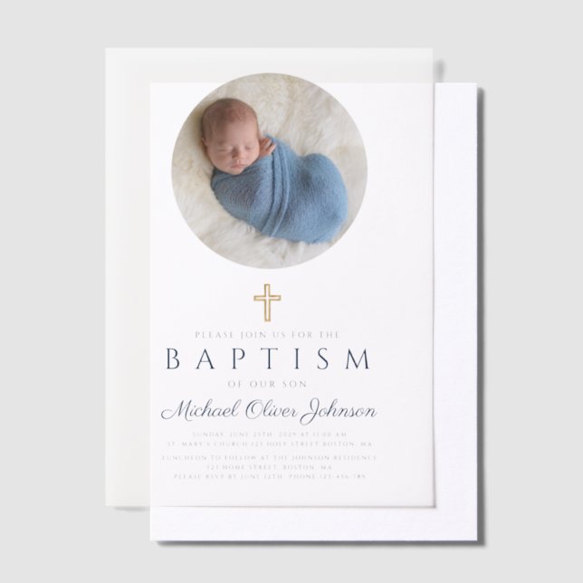 Elegant Navy Blue Script Boy Photo Baptism  Vellum Invitations (Offset)