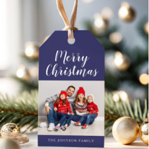 Elegant Navy Blue Script Christmas Photo  Gift Tags