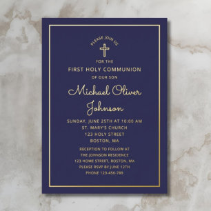 Elegant  Navy Blue Script First Communion Gold