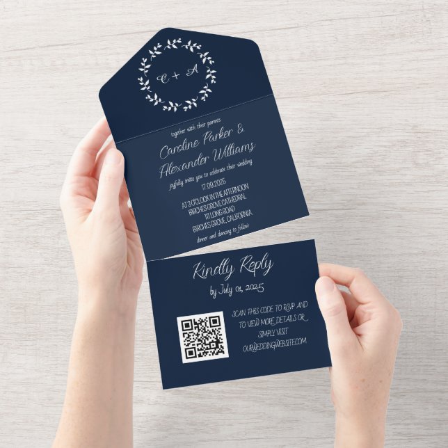 Elegant Navy Blue Script Modern RSVP QR Code All I In One Invitation (Tearaway)