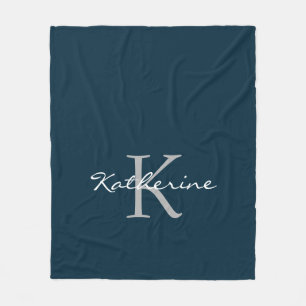 Elegant Navy Blue Script Monogram Personalised Fleece Blanket