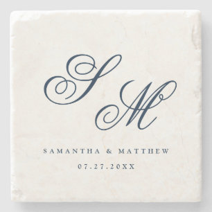 Elegant Navy Blue Script Monogram Wedding Favour Stone Coaster
