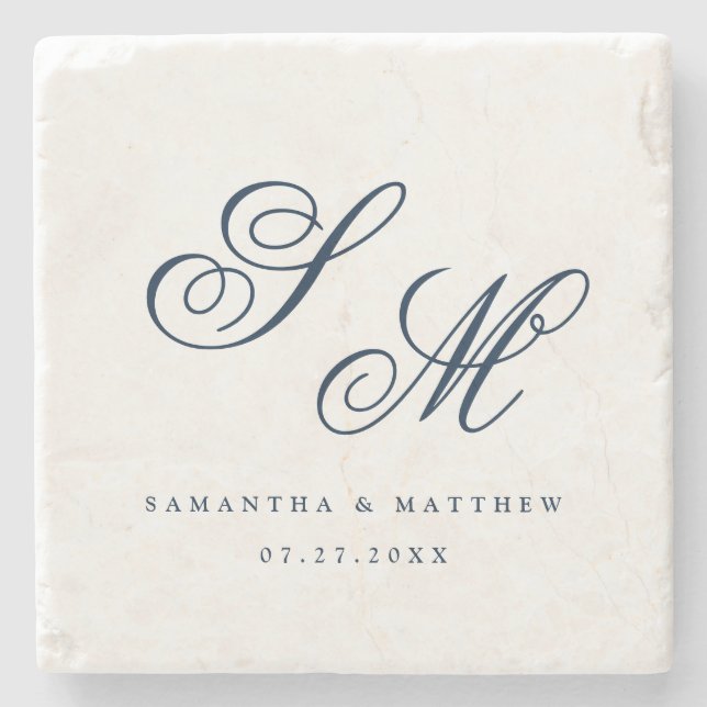Elegant Navy Blue Script Monogram Wedding Favour Stone Coaster (Front)