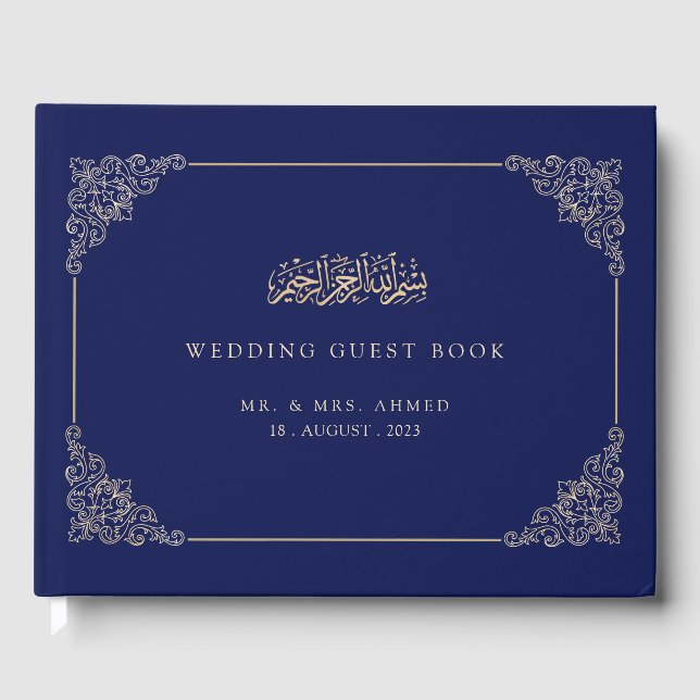 Elegant Navy Blue Script Muslim Wedding Guest Book (Front)